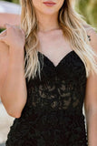 Mermaid Straps Lace Appliques Black Long Prom Dress with Slit TP1355-Tirdress