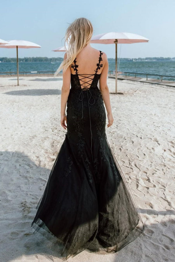 Mermaid Straps Lace Appliques Black Long Prom Dress with Slit TP1355-Tirdress