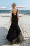 Mermaid Straps Lace Appliques Black Long Prom Dress with Slit TP1355-Tirdress