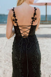 Mermaid Straps Lace Appliques Black Long Prom Dress with Slit TP1355-Tirdress