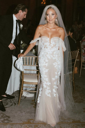 Off Shouder Mermaid Tulle Lace Sweetheart Boho Wedding Dress-Tirdress