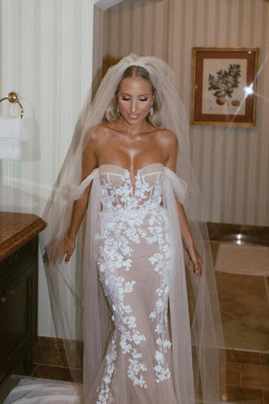 Off Shouder Mermaid Tulle Lace Sweetheart Boho Wedding Dress-Tirdress