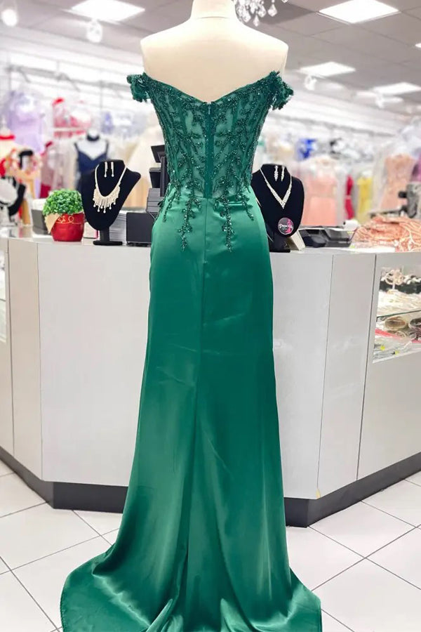 Off Shoulder Applique Pleated Mermaid Green Prom Dress  TP1328-Tirdress