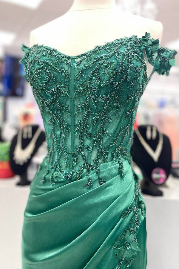 Off Shoulder Applique Pleated Mermaid Green Prom Dress  TP1328-Tirdress