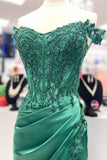 Off Shoulder Applique Pleated Mermaid Green Prom Dress  TP1328-Tirdress