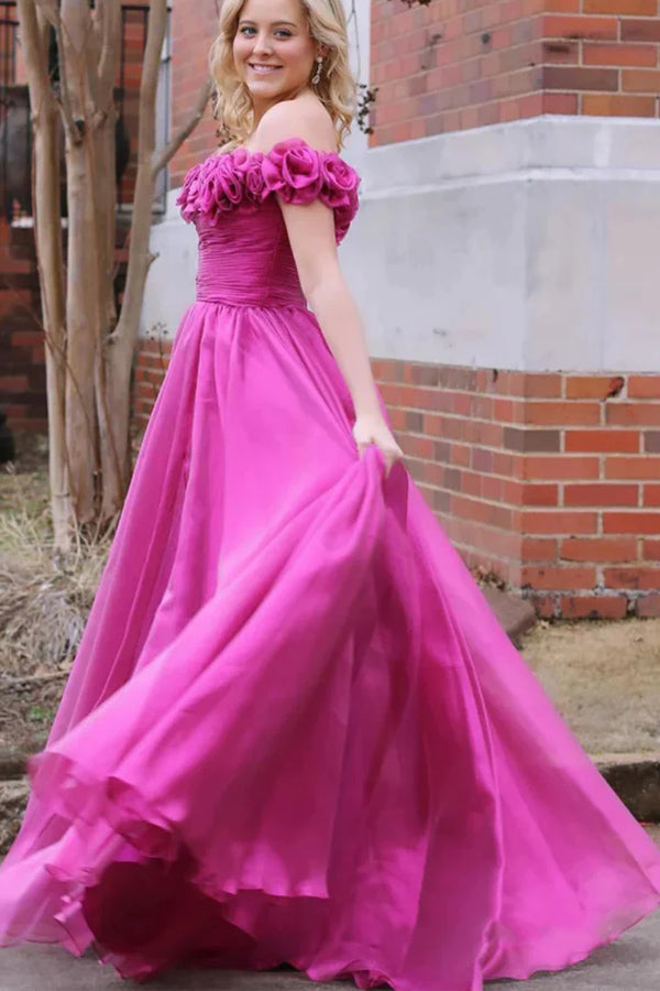 Off Shoulder Magenta Floral Long Prom Dresses With 3D Flowers TP1298-Tirdress