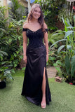 Off Shoulder Mermaid Black Lace Long Prom Dresses with Split TP1309-Tirdress