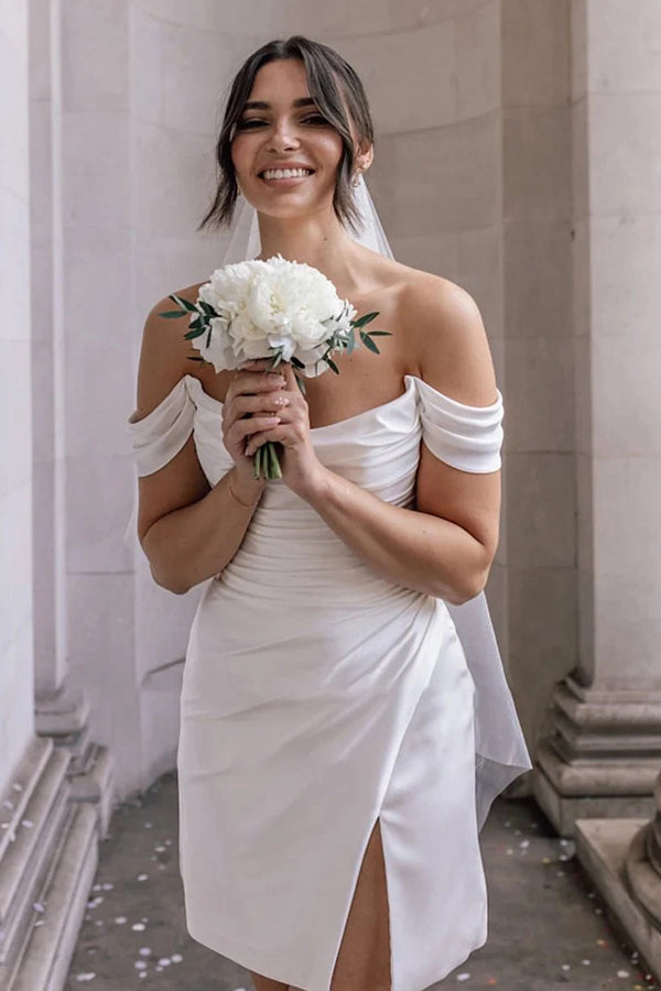 Off The Shoulder Satin Cowl Neck Simple Short Wedding Dress TD0019-Tirdress