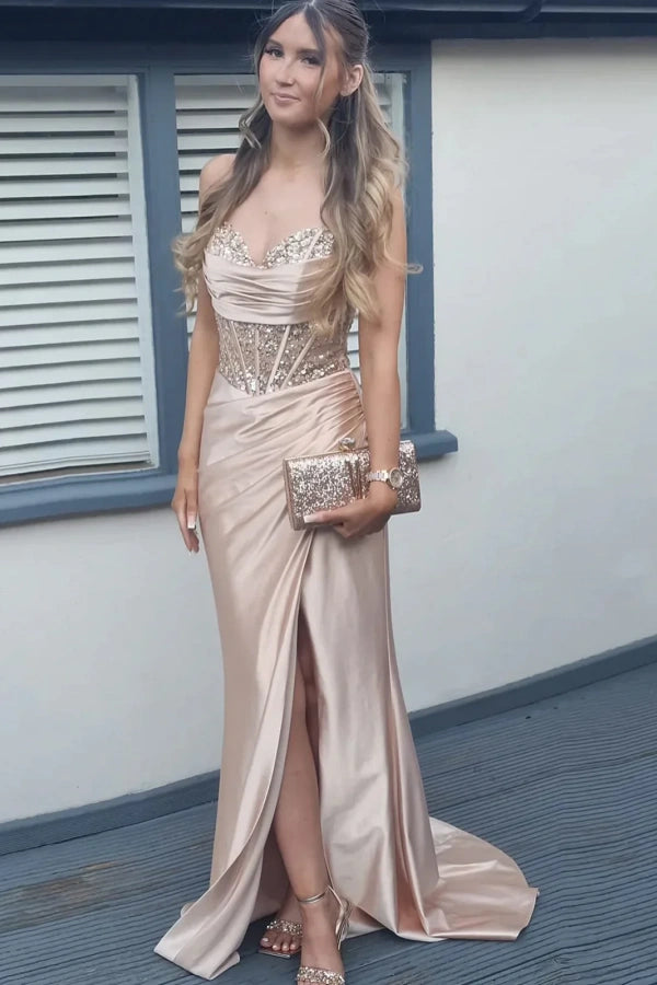 Off Shoulder Corset Mermaid Nude Long Prom Dress with Slit TP1368-Tirdress