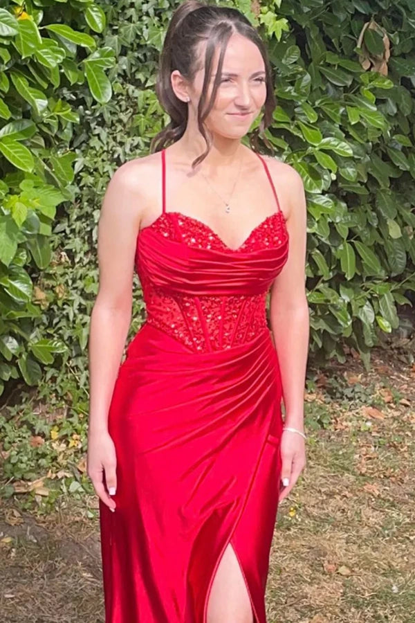 Off Shoulder Corset Mermaid Red Long Prom Dress with Slit TP1368-Tirdress