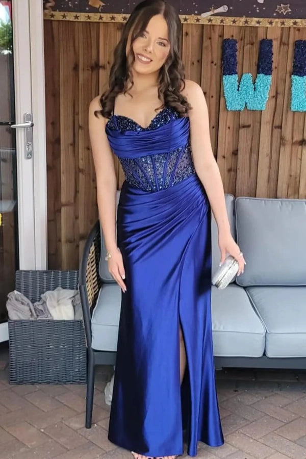 Off Shoulder Corset Mermaid Royal Blue Long Prom Dress with Slit TP1368-Tirdress
