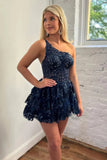 One Shoulder Layered Sequins Lace Homecoming Dress Short Prom Dress HD0204-Tirdress