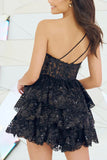 One Shoulder Sequined Appliqued Black Short Homecoming Dress-Tirdress