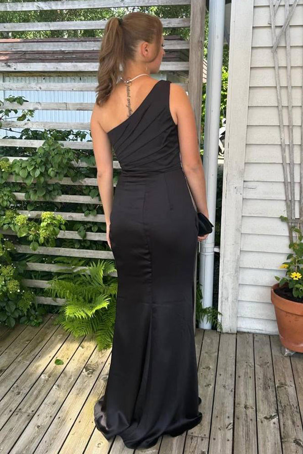 One Shoulder Sheath Mermaid Black Long Prom Dress with Slit TP1419-Tirdress