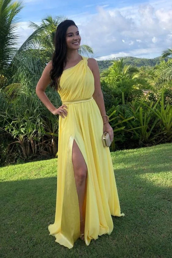 One Shoulder Yellow Long Prom Dress Sexy Prom Dress TP1333-Tirdress
