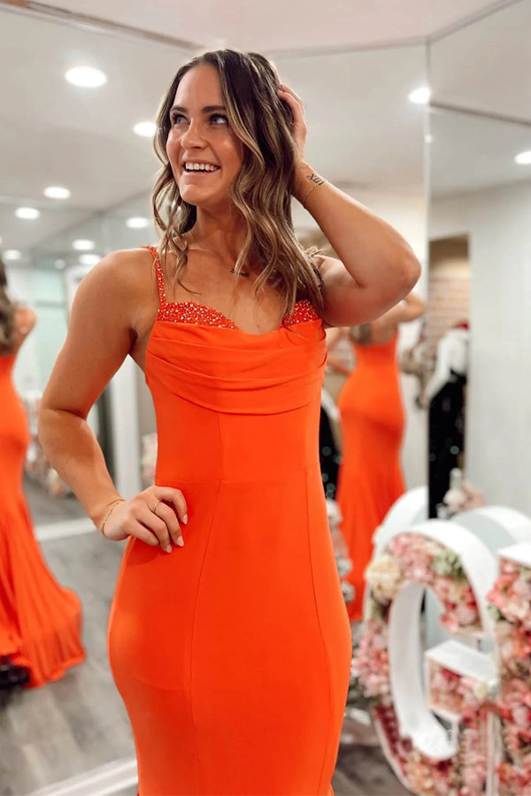 Orange Mermaid Satin Prom Dresses Strap Formal Dress TP1297-Tirdress