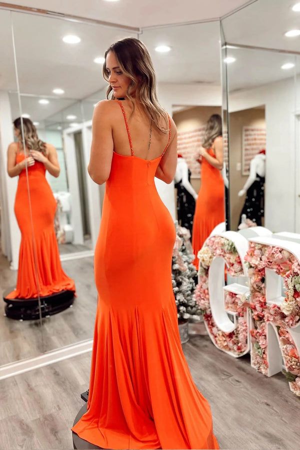 Orange Mermaid Satin Prom Dresses Strap Formal Dress TP1297-Tirdress