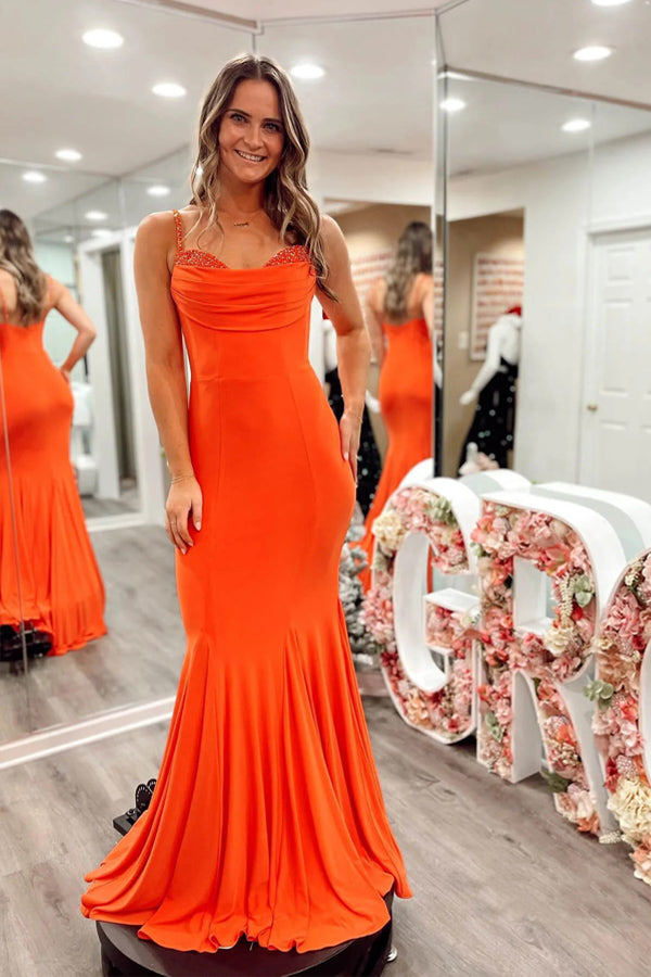 Orange Mermaid Satin Prom Dresses Strap Formal Dress TP1297-Tirdress