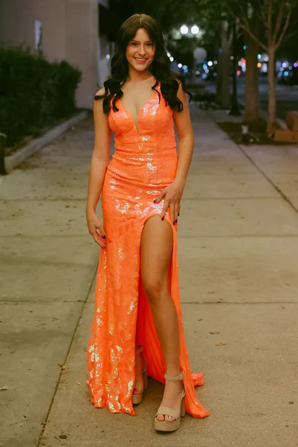 Orange V Neck Sequins Long Mermaid Prom Dresses TP1312-Tirdress