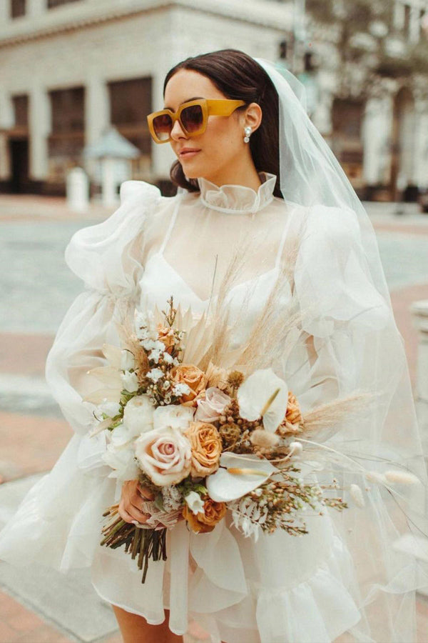 Short Wedding Dresses Long Sleeves Vintage Wedding Dress TD0010 US18 / White