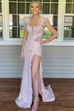 Robe de bal sirène rose avec appliques et plumes TP1272