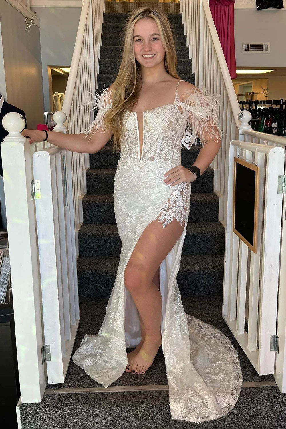 Pink Appliques Mermaid Prom Dress with Feathers TP1272-Tirdress