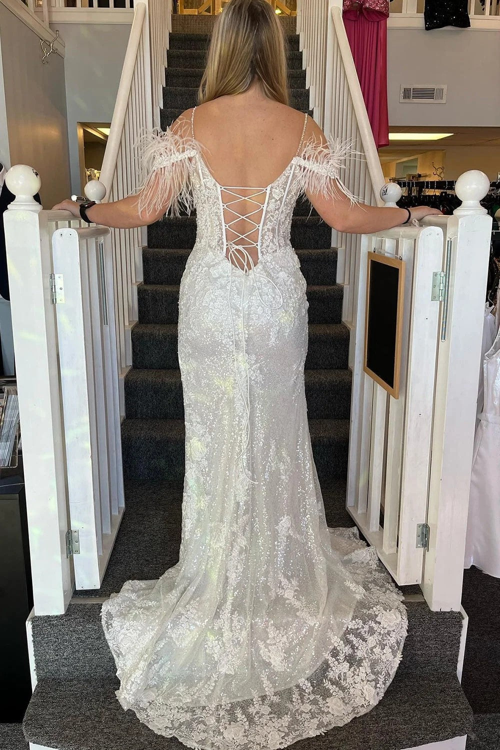 Pink Appliques Mermaid Prom Dress with Feathers TP1272-Tirdress