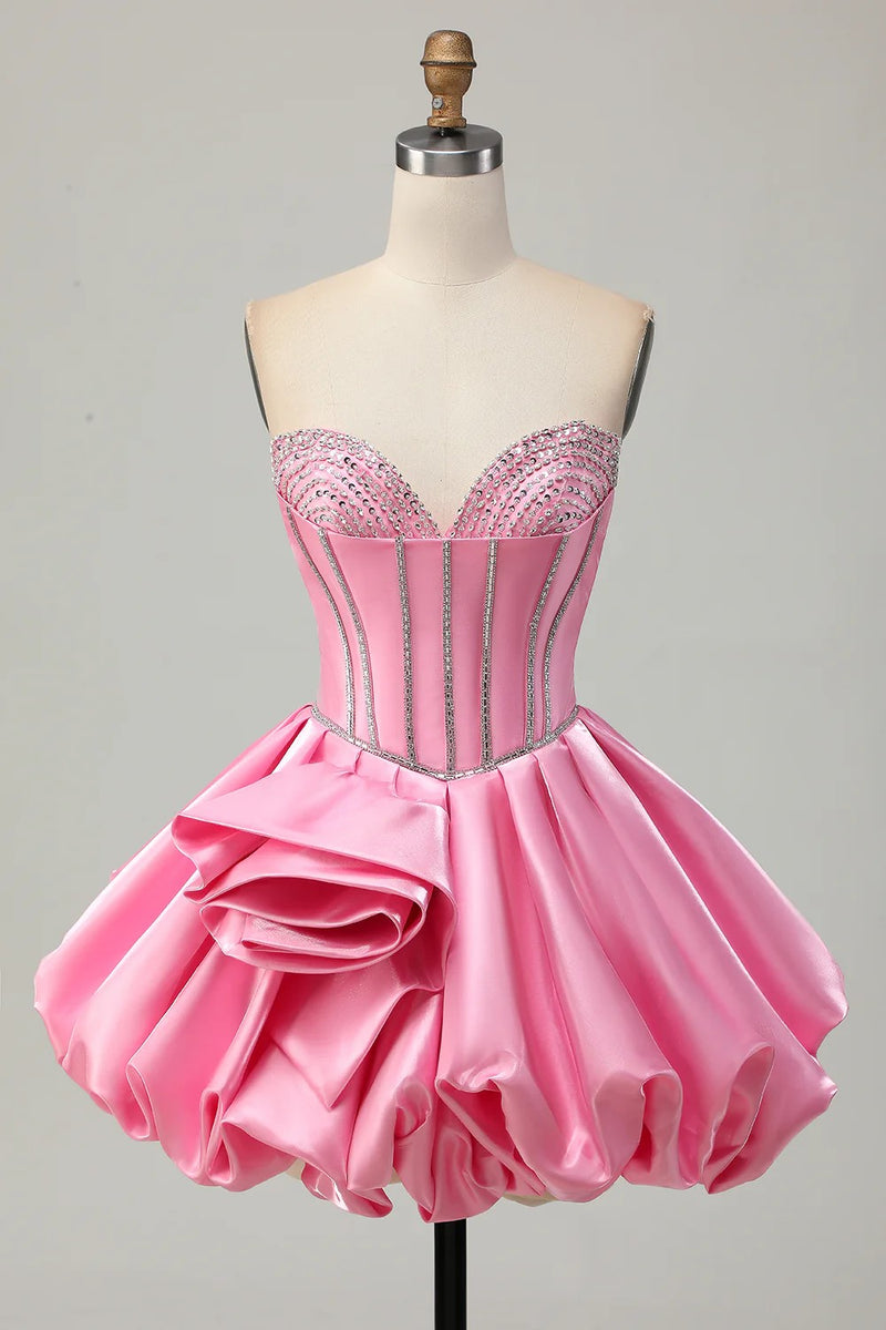 Pink Bodycon Sweetheart Satin Corset Homecoming Dress with Beading-Tirdress