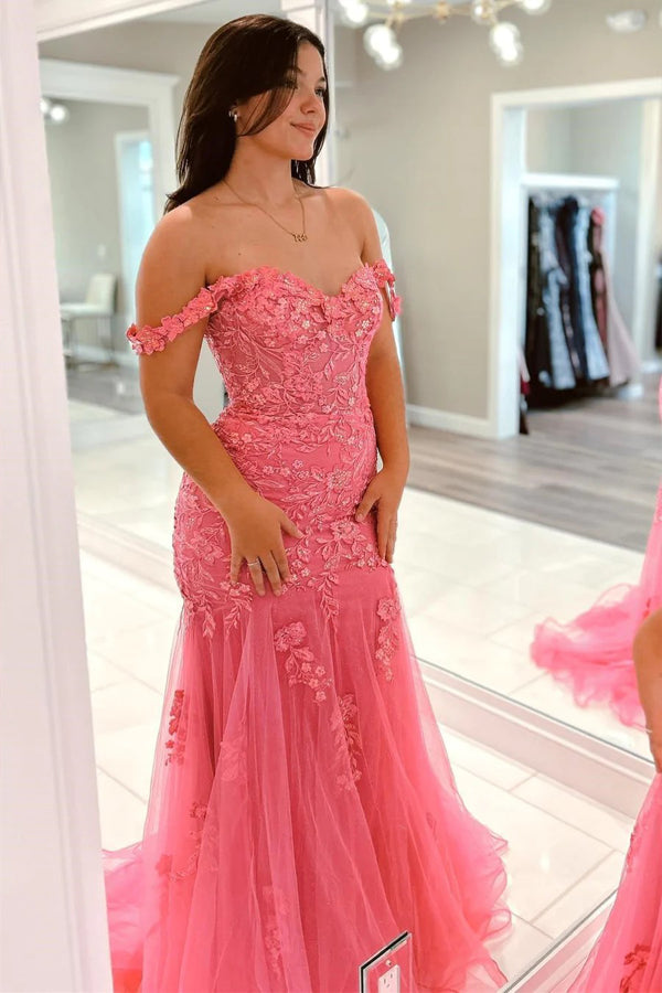 Pink Tulle Appliques Off-the-Shoulder Trumpet Long Prom Dress TP1268-Tirdress