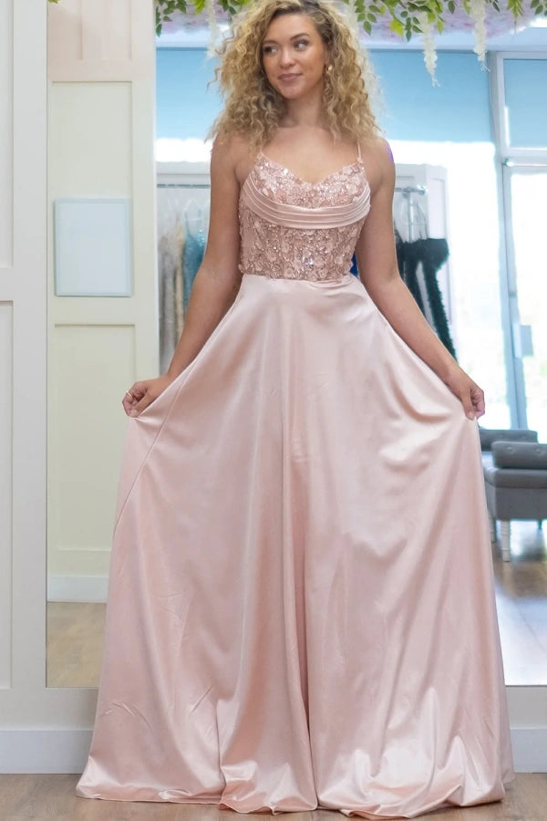 Pink Sparkly A-Line Spaghetti Straps Flowers Long Prom Dress TP1375-Tirdress