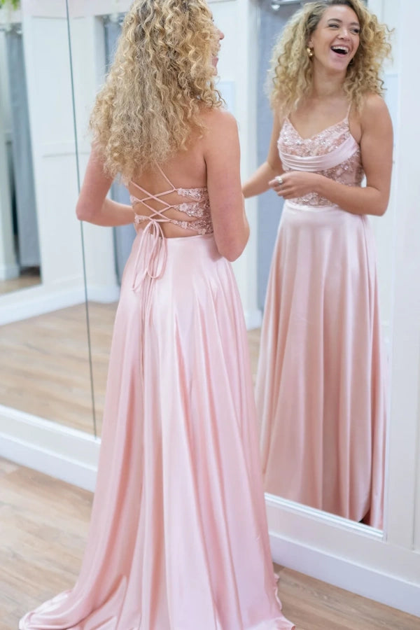 Pink Sparkly A-Line Spaghetti Straps Flowers Long Prom Dress TP1375-Tirdress