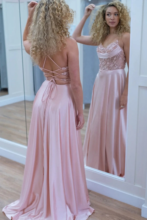 Pink Sparkly A-Line Spaghetti Straps Flowers Long Prom Dress TP1375-Tirdress