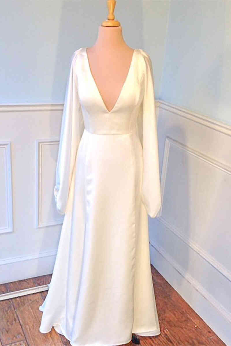 Plunging V-Neck Backless Ivory Wedding Dress with Sleeves TN345-Tirdress