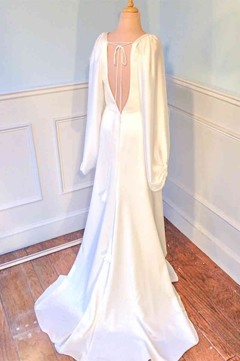 Plunging V-Neck Backless Ivory Wedding Dress with Sleeves TN345-Tirdress
