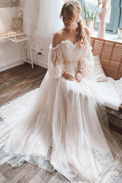 long sleeve polka dot wedding dress Polka Dots Off Shoulder Long Sleeves Boho Wedding Dress TD0012 US14 / Ivory