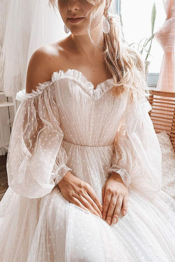 Polka Dots Off Shoulder Long Sleeves Boho Wedding Dress TD0012-Tirdress