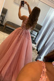 Princess A Line Deep V Neck Blush Long Prom Dress with Appliques TP1244-Tirdress