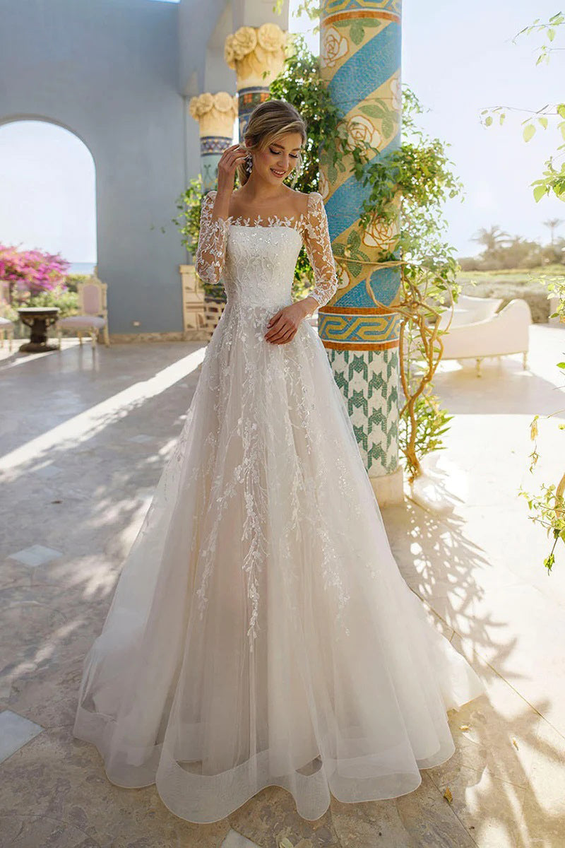 Princess A Line Long Sleeves Lace Appliques Bohemian Wedding Dress TN388-Tirdress