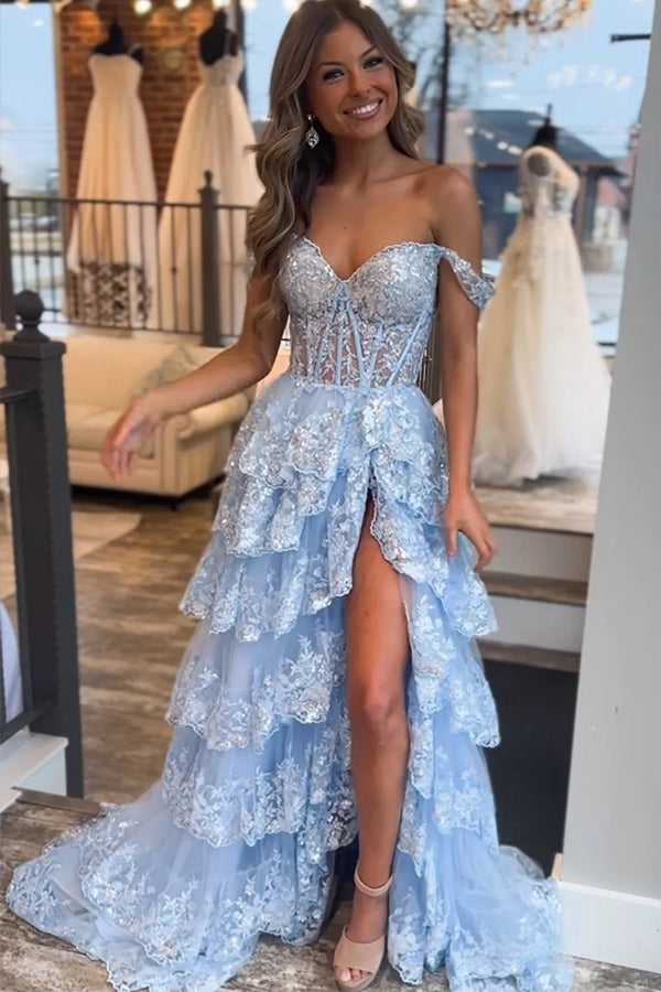 Princess Lace Tiered Blue Prom Dress With Lace Ruffles TP1288-Tirdress