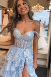 Princess Lace Tiered Blue Prom Dress With Lace Ruffles TP1288-Tirdress