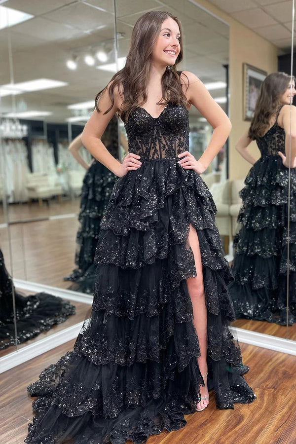 blue prom dress with black lace Princess Tiered Lace Ruffles TP1288 US8 / Mermaid Royal Blue Glitter bow detail Size:14 - Bust 39