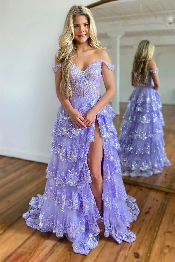 Princess Lace Tiered Blue Prom Dress With Lace Ruffles TP1288-Tirdress