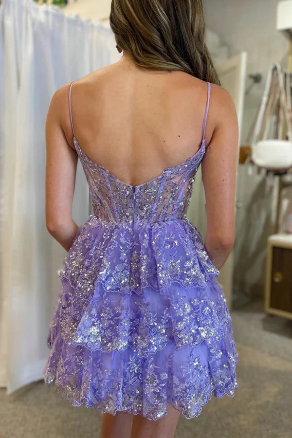 Princess V Neck Lilac Homecoming Dresses Graduation Dresses HD0207-Tirdress