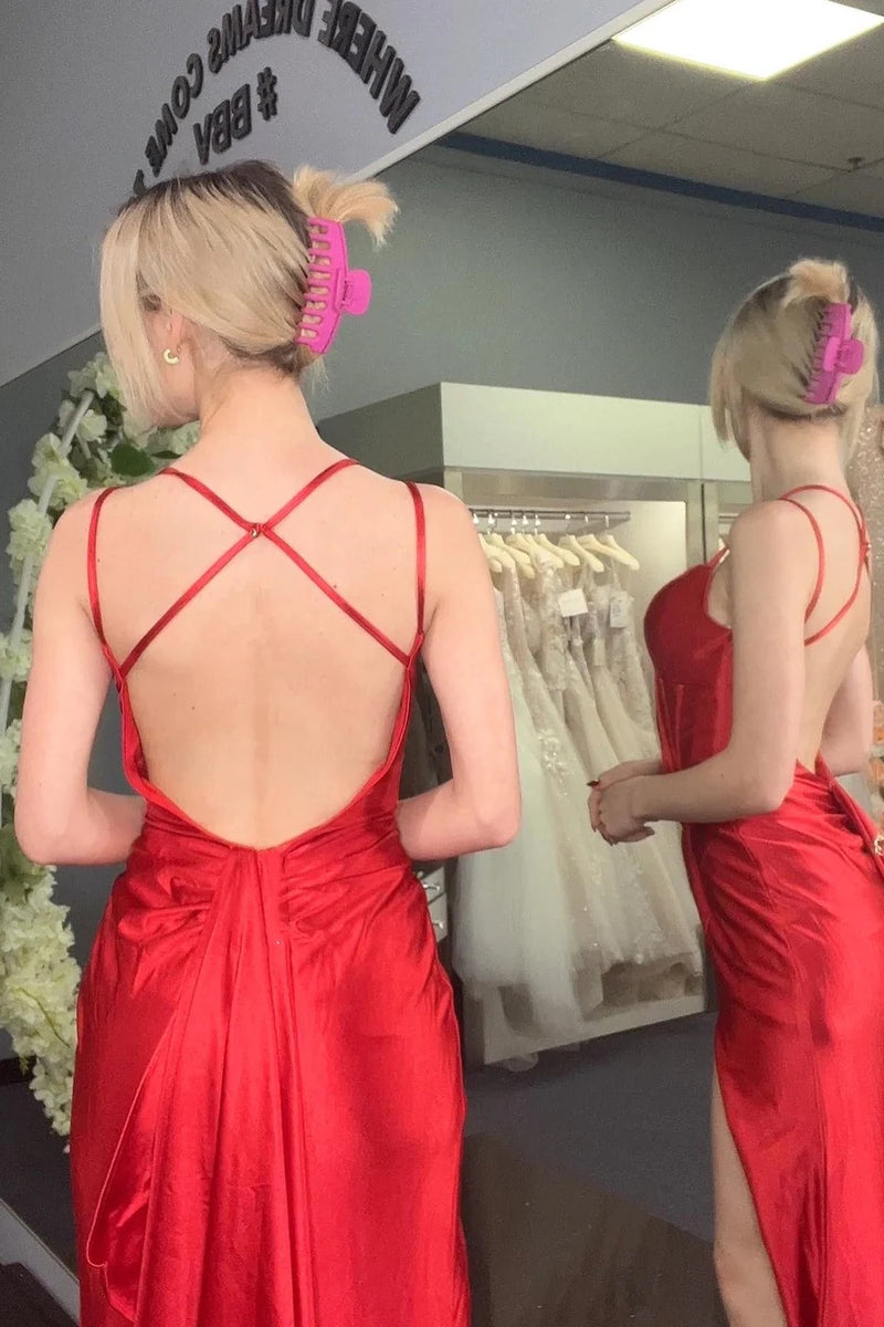 Red Corset Spaghetti Strap Mermaid Long Prom Dress with Slit TP1235-Tirdress