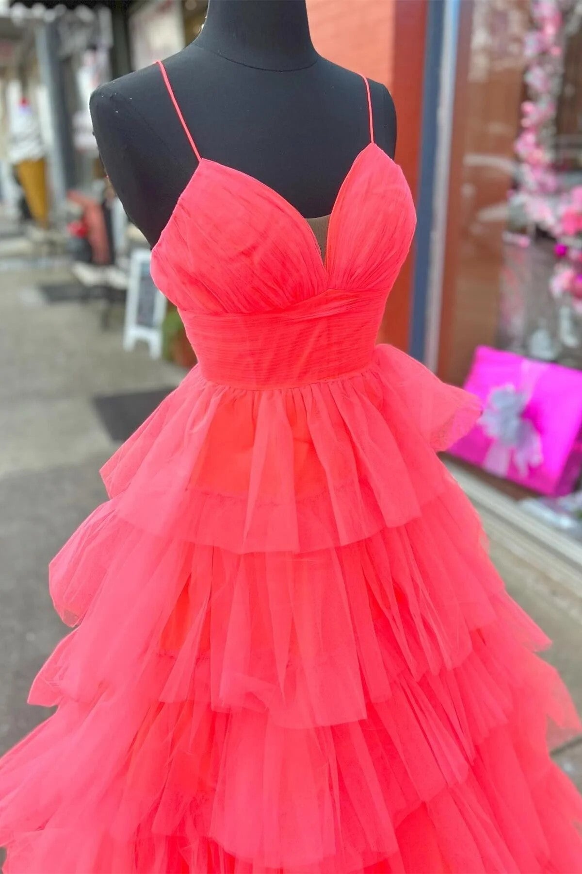 Red Layers A-line Plunging V Neck Long Prom Dress TP1267-Tirdress