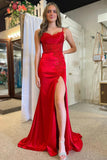 Robe longue rouge à bretelles spaghetti et fente TP1234