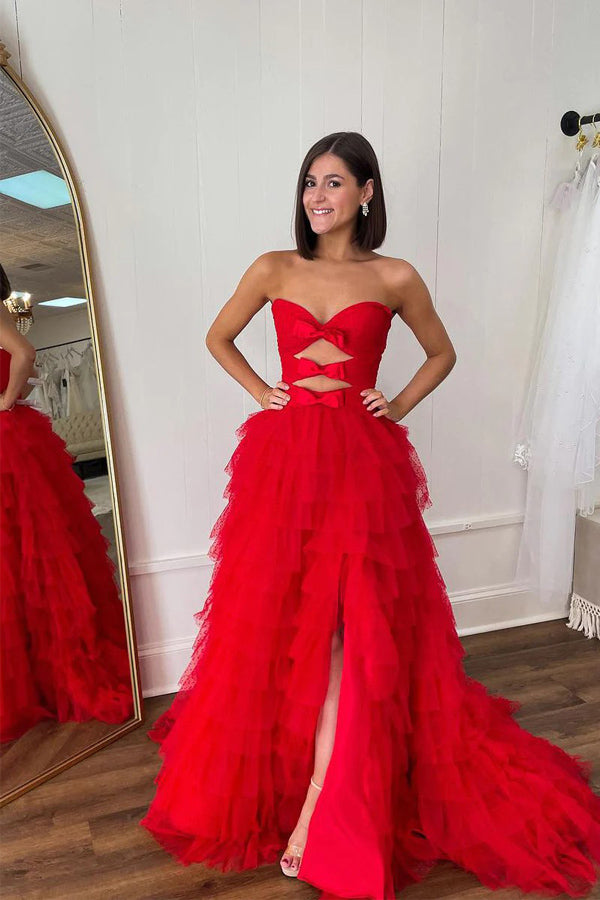 Red Strapless A-line Layers Bows Long Prom Dress with Slit TP1277-Tirdress