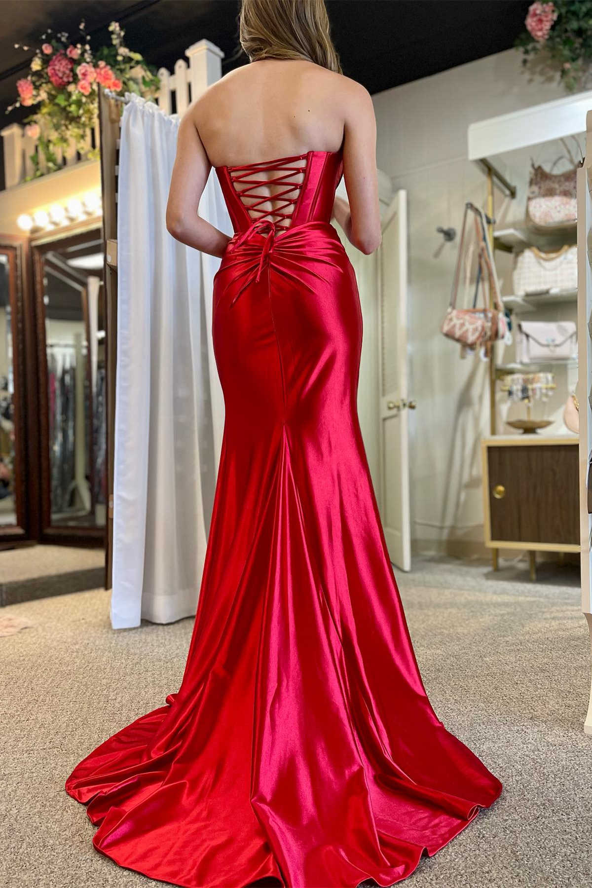 Red Strapless Ruched Mermaid Long Prom Dress with Slit TP1240-Tirdress