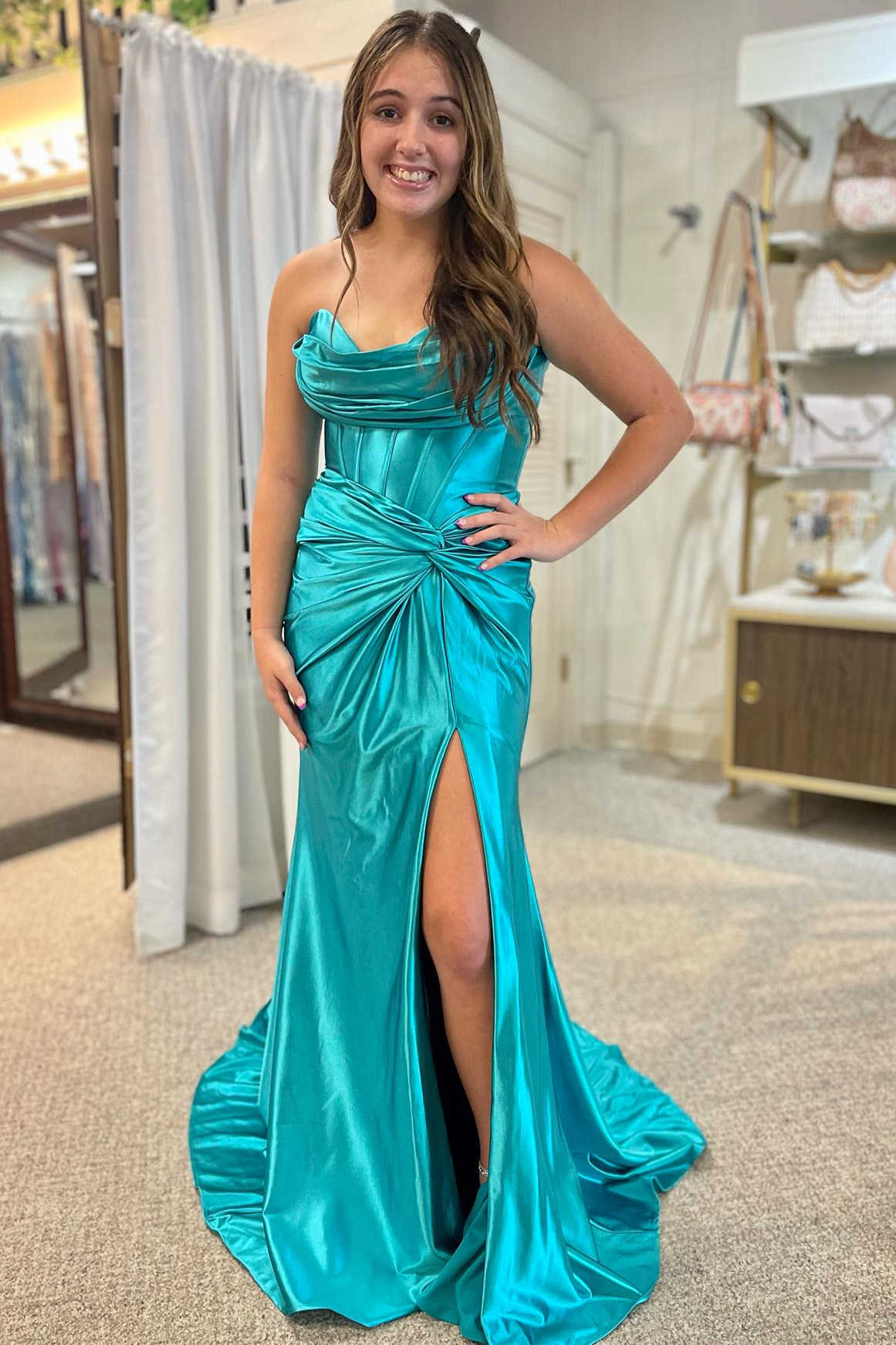 Red Strapless Ruched Mermaid Long Prom Dress with Slit TP1240-Tirdress