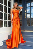 Red Strapless Ruched Mermaid Long Prom Dress with Slit TP1240-Tirdress